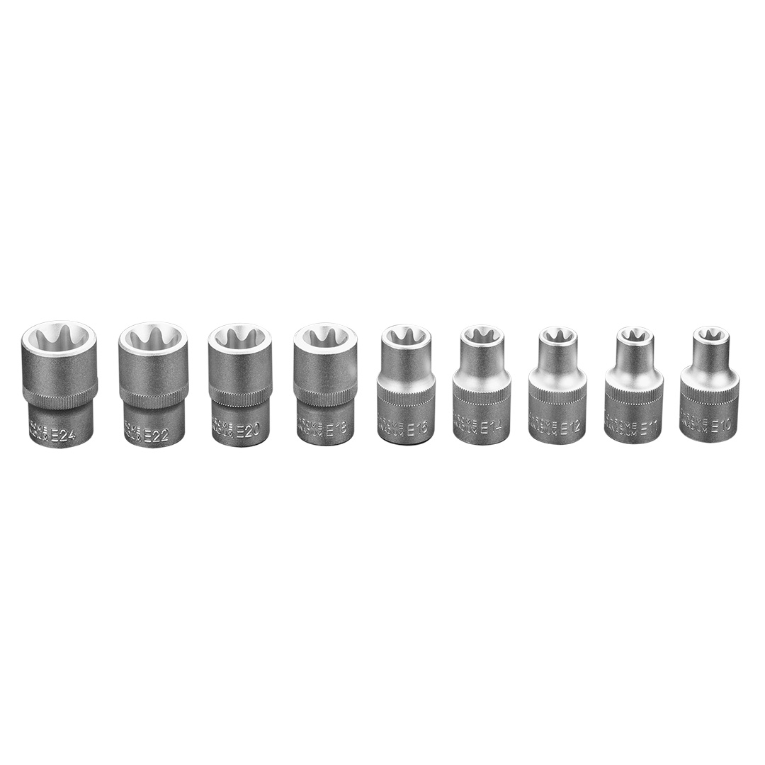 TOP-08-649--Klucze nasadowe 1/2" Torx zestaw 9 szt., seria E10, E11, E12, E14, E16, E18, E20, E22, E24, stal CrV, certyfikat TÜV M+T