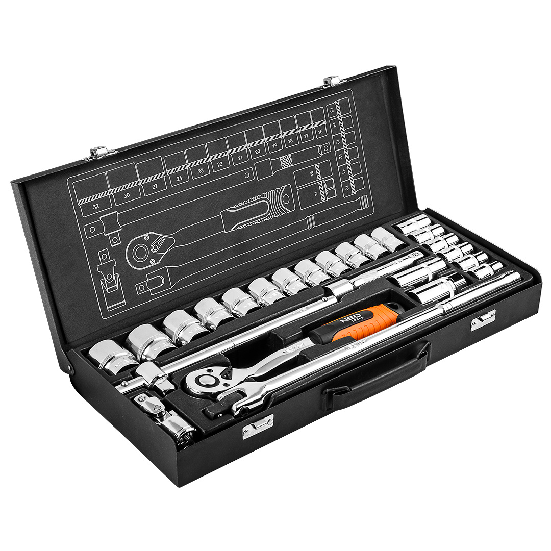 TOP-08-674--Klucze nasadowe 25 szt., 1/2", stal CrV, nasadki sześciokątne 1/2" 18 szt.: 10, 11, 12, 13, 14, 15, 16, 17, 18, 19, 20, 21, 22, 23, 24, 27, 30, 32 mm; grzechotka 1/2", 72 zęby, 1 szt.; nasadki do świec 1/2": 16 mm, 21 mm; 1 szt. p
