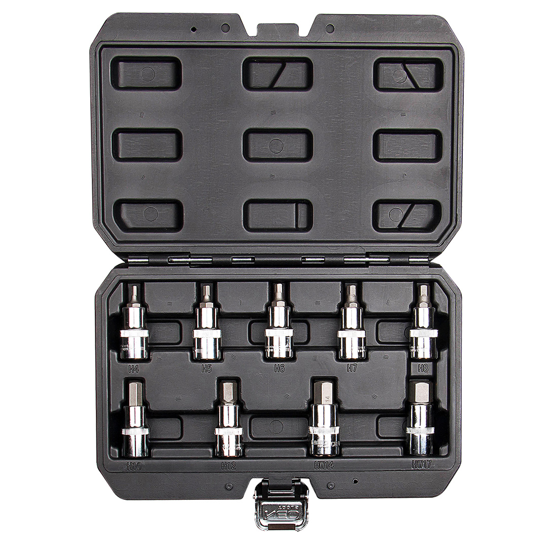 TOP-08-705--Końcówki sześciokątne na nasadce 55 mm, zestaw 9 szt., 1/2", nasadka ze stali CrV, końcówka ze stali S2, rozmiary: H4, H5, H6, H7, H8, H10, H12, H14, H17, certyfikat TÜV M+T, 25 lat gwarancji