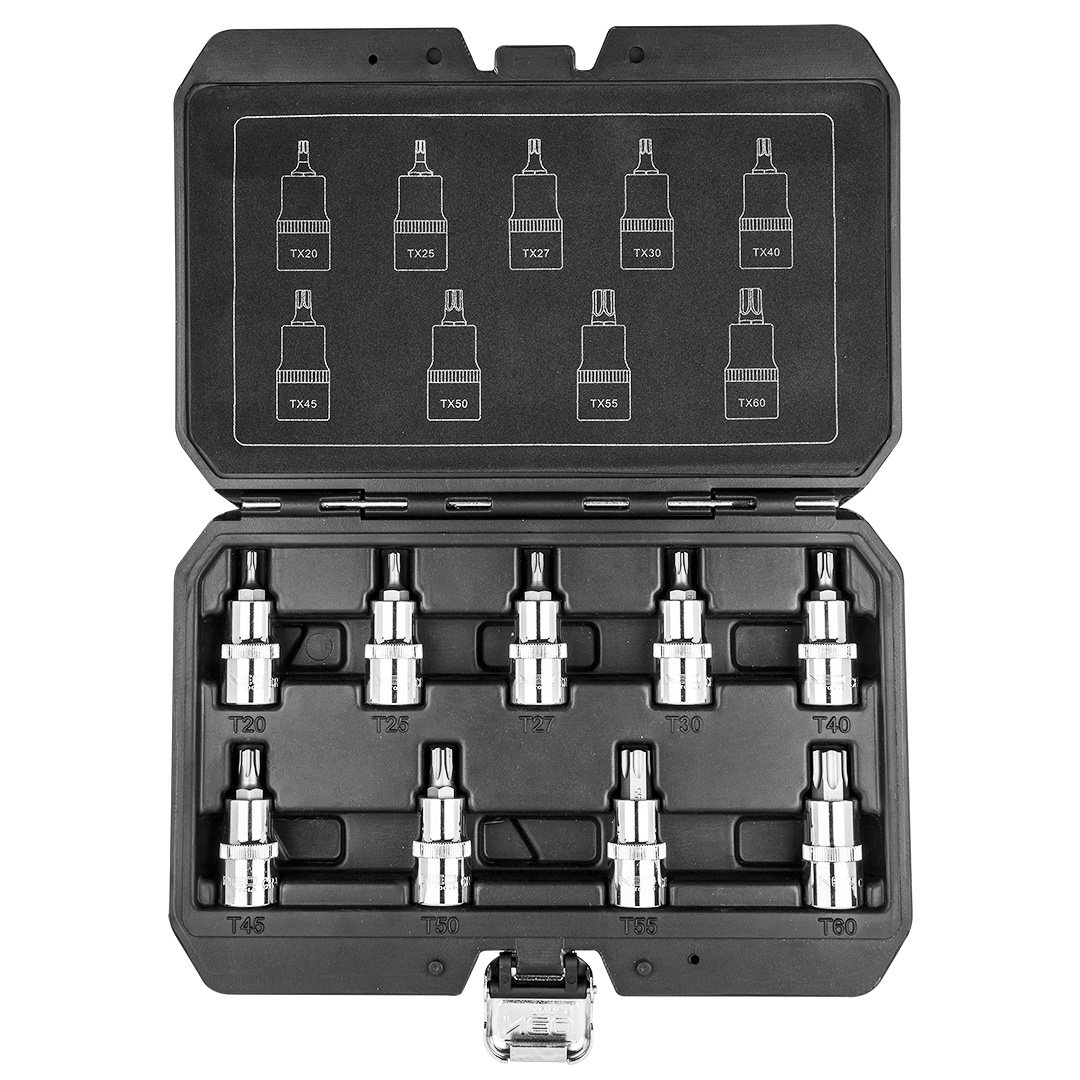 TOP-08-707--Końcówki Torx na nasadce 55 mm, zestaw 9 szt., 1/2", nasadka ze stali CrV, końcówka ze stali S2, rozmiary: T20, T25, T27, T30, T40, T45, T50, T55, T60, certyfikat TÜV M+T, 25 lat gwarancji