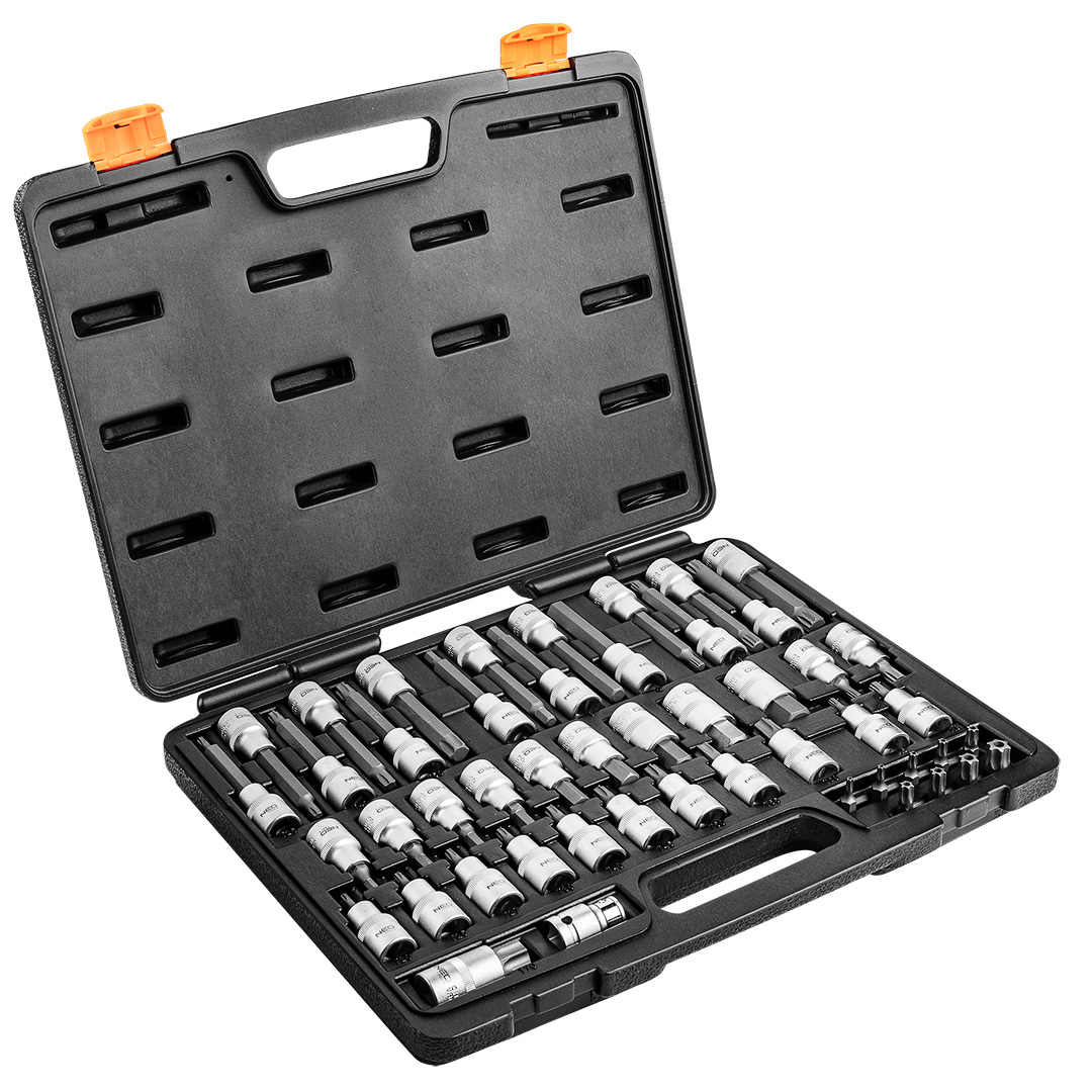 TOP-08-713--Zestaw bitów Torx 49 szt., długie bity na nasadce: H6, H7, H8, H10, H12, T25, T30, T40, T45, T50, T60, krótkie bity na nasadce: H5, H6, H7, H8, H10, H12, H14, H17, H19, bity Torx z otworem 1/4": T20, T25, T30, T40, T45, T50, T55, T60, nasadki ze