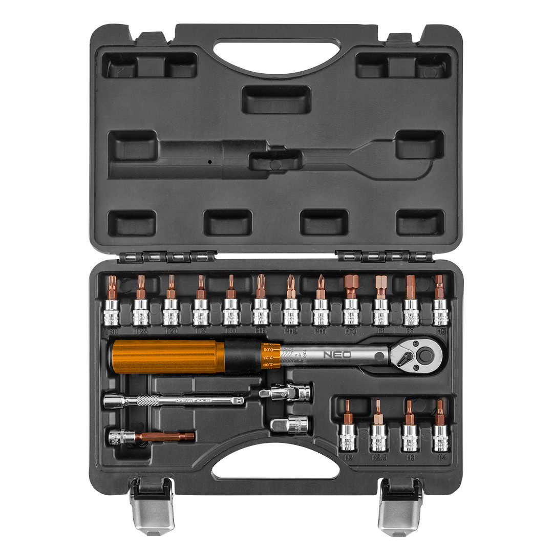 TOP-08-821--Klucz dynamometryczny dwukierunkowy, zestaw 21 szt., klucz dynamometryczny 1/4" 5-25Nm, bity na nasadce 1/4" 16 szt., bit na nasadce 1/4"  H5 x 100mm przedłużka 1/4" x 100mm , adapter 1/4 " x 3/8", przegub uniwersalny 1/