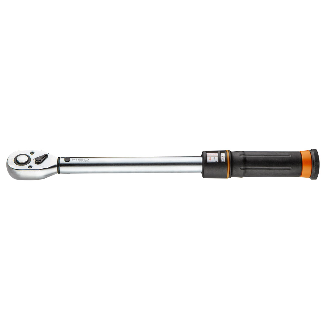 TOP-08-823--Klucz dynamometryczny 3/8" x 390 mm, 10-60 Nm, posiada mechanizm zapadkowy z 45 zębami, pierścień blokujący, okienko ze skalą, klucza nie należy przechowywać ze sprężyną ustawioną na maksymalne wartości, certyfikat kalibracji, stal CrV, etui z t