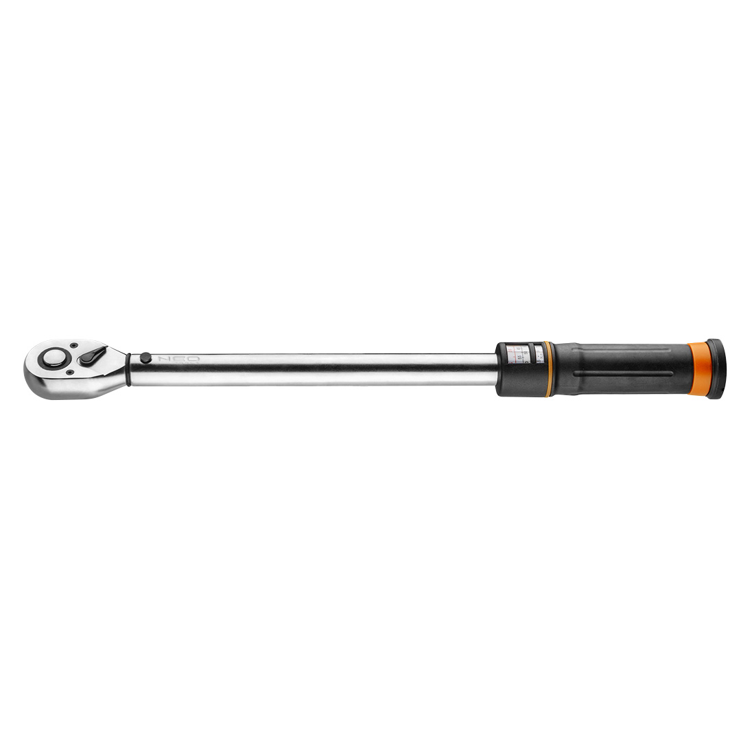 TOP-08-825--Klucz dynamometryczny 1/2" x 525 mm, 40-200 Nm, posiada mechanizm zapadkowy z 45 zębami, pierścień blokujący, okienko ze skalą, klucza nie należy przechowywać ze sprężyną ustawioną na maksymalne wartości, stal CrV, etui z tworzywa, certyfikat TÜ