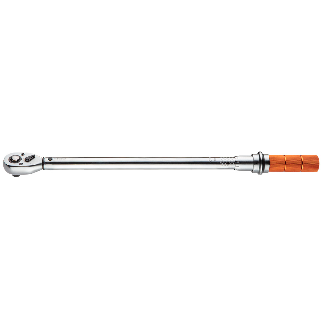 TOP-08-828--Klucz dynamometryczny 1/2" x 633 mm, 60-350 Nm, mechanizm zapadkowy 45 zęby, pierścień blokujący, okienko ze skalą, klucza nie należy przechowywać ze sprężyną ustawioną na maksymalne wartości, certyfikat kalibracji, stal CrV, etui z tworzywa, ce