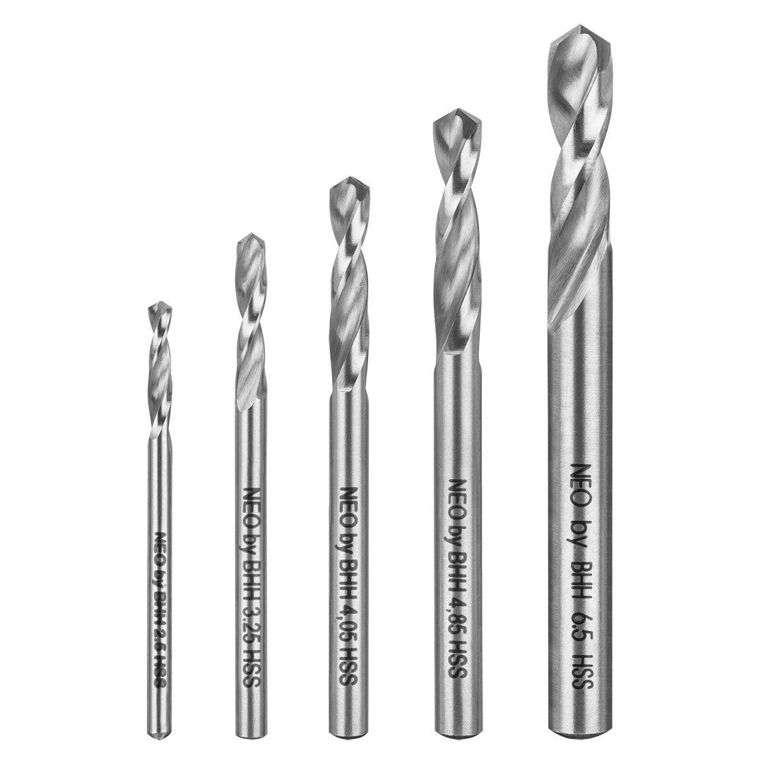 TOP-08-957--Wiertła do rozwiercania nitów samozrywalnych, krótkie, HSS, średnice: 2.5, 3.25, 4.05, 4.85, 6.5mm, DIN 1897 RN, korekcja ostrza typu C, zaostrzenie wiertła wykonane pod kątem 118 stopni, zestaw 5 szt.