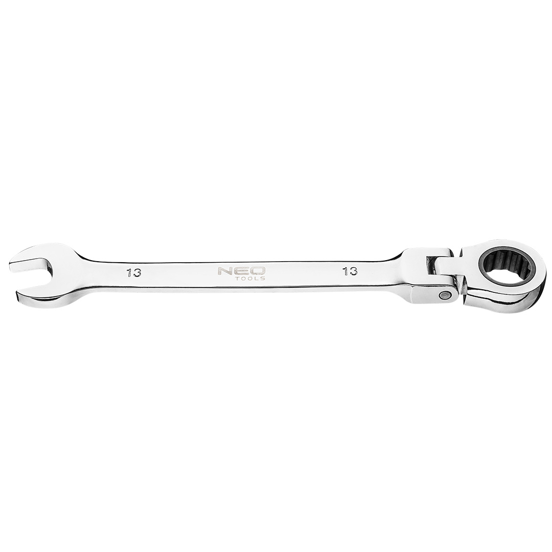 TOP-09-055--Klucz płasko-oczkowy z przegubem i grzechotką 13 x 185 mm, mechanizm zapadkowy 72 zęby, stal CrV, certyfikat TÜV M+T, 25 lat gwarancji