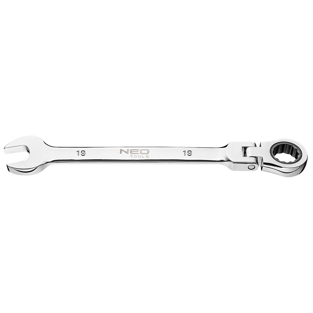 TOP-09-061--Klucz płasko-oczkowy z przegubem i grzechotką 19 x 250 mm, mechanizm zapadkowy 72 zęby, stal CrV, certyfikat TÜV M+T, 25 lat gwarancji