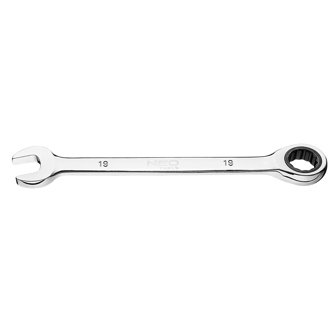TOP-09-068--Klucz płasko-oczkowy z grzechotką 19 mm, stal CrV, 72-zęby grzechotki, certyfikat TÜV M+T