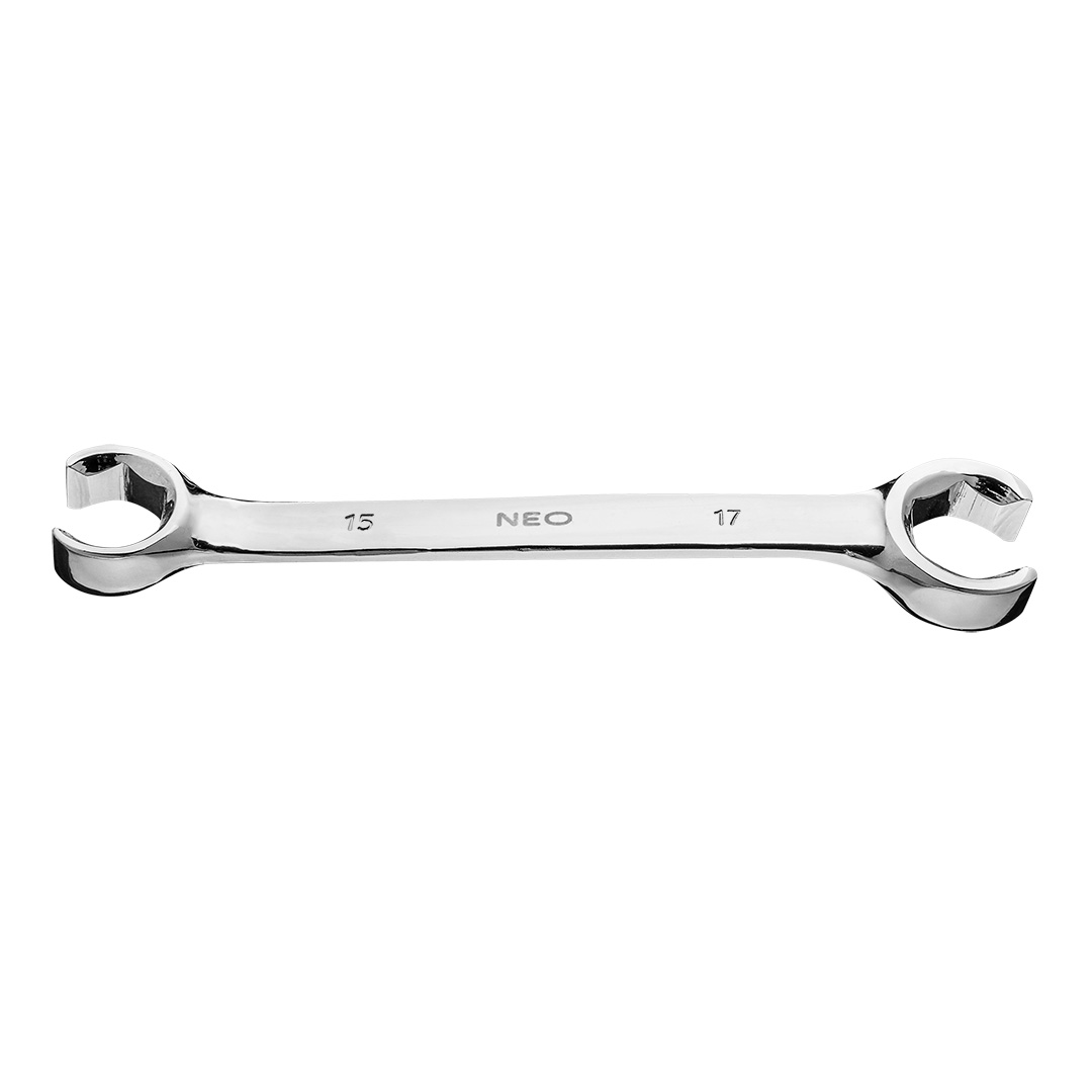 TOP-09-151--Klucz oczkowy półotwarty 15 x 17 mm, odkuwany, wzmocniony, kąt odchylenia 15°, stal CrV, certyfikat TÜV M+T, 25 lat gwarancji