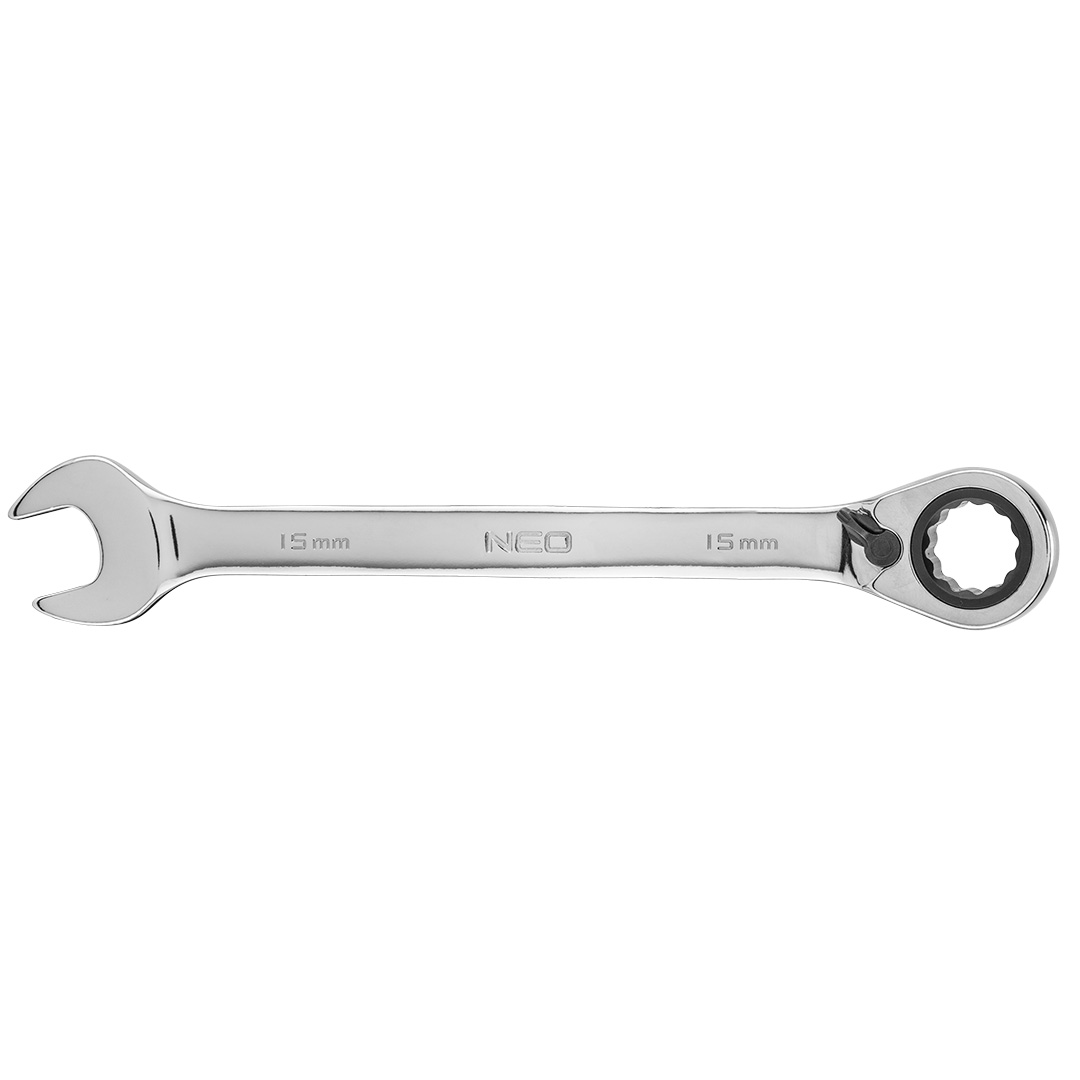 TOP-09-327--Klucz płasko-oczkowy z grzechotką 15 mm, stal CrV, 72-zęby grzechotki