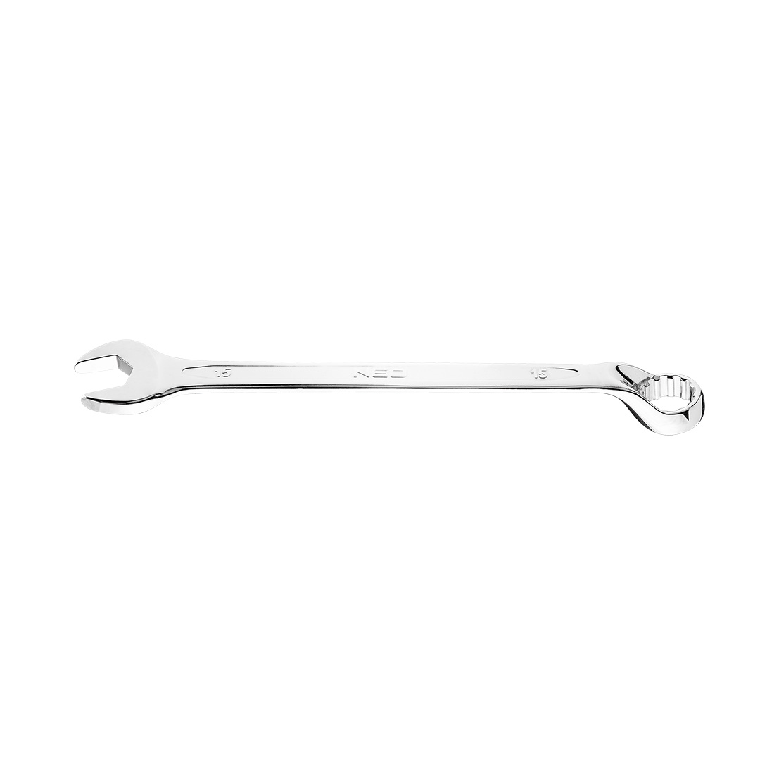 TOP-09-465--Klucz płasko-oczkowy 15 mm, oczko SPLINE, profilowana część otwarta klucza, stal CrV, zgodny z normą DIN 3113, 25 lat gwarancji