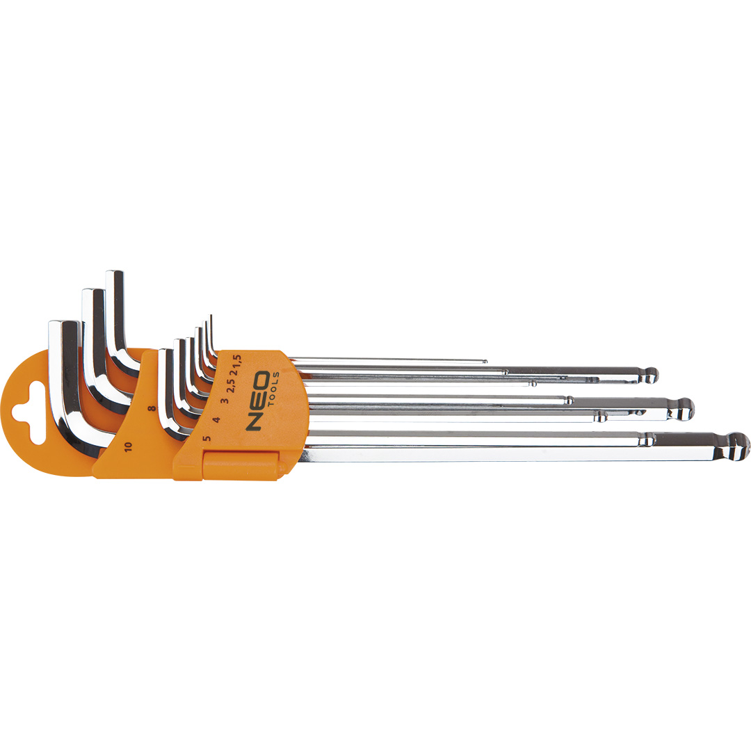 TOP-09-515--Klucze sześciokątne 1.5-10 mm, zestaw 9 szt., z końcówką kulistą i magnetyczną, końcówki kuliste o kącie roboczym 30°, stal S2, DIN911, ISO2936, rozmiary: 1.5, 2, 2.5, 3, 4, 5, 6, 8, 10 mm, certyfikat TÜV M+T, 25 lat gwarancji