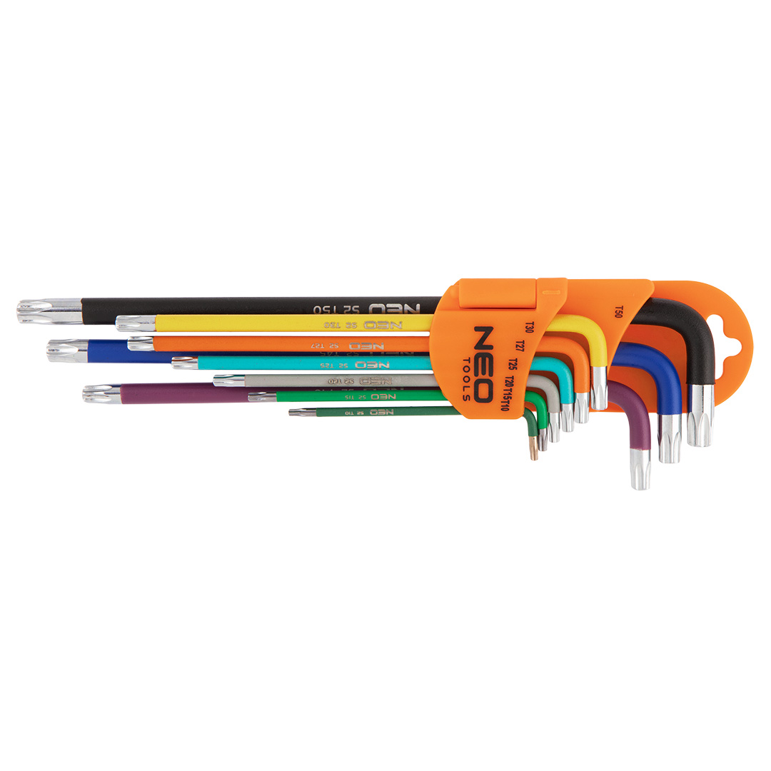 TOP-09-518--Klucze Torx T10-T50, zestaw 9 szt., stal S2, kolorowy kod ułatwiający wybór rozmiaru, rozmiary: T10, T15, T20, T25, T27, T30, T40, T45, T50, certyfikat TÜV M+T, gwarancja 25 lat