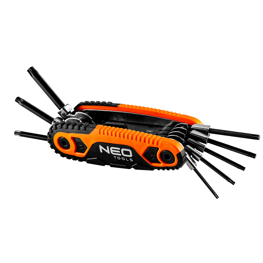 TOP-09-573--Klucze Torx z uchwytem T9, T10, T15, T20, T25, T27, T30, T40, dwumateriałowa obudowa / uchwyt, klucze blokowane pod kątem 90, 135 i 180