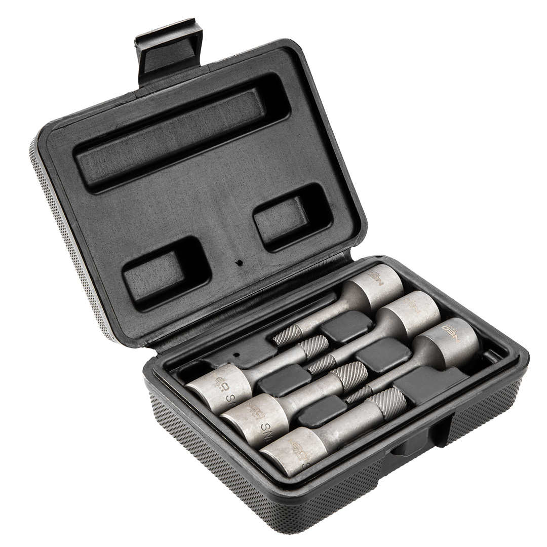 TOP-09-605--Wykrętaki do śrub 3/8', zestaw 6 szt., długość 60 mm, do śrub M5 (2 mm), M6 (3 mm), M8 (4 mm), M10-12 (6 mm), M14-16 (8 mm), M18-20 (10 mm), stal CrMo, plastikowe etui, certyfikat TÜV M+T, 25 lat gwarancji