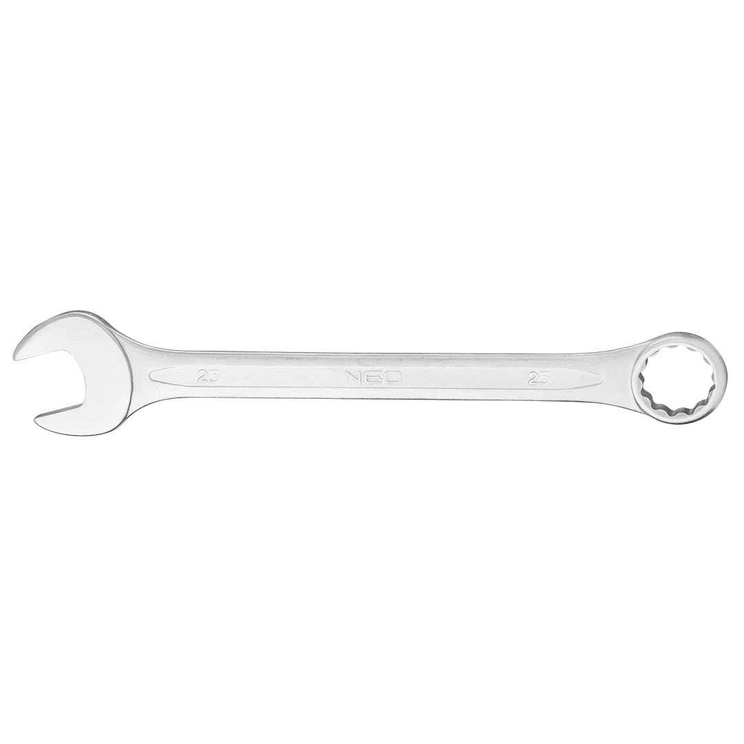 TOP-09-725--Klucz płasko-oczkowy 25 x 295 mm, stal CrV, DIN3113, przetłoczenie, wykończenie satynowe, polerowana główka odgięta pod kątem 15°, certyfikat TÜV M+T, 25 lat gwarancji