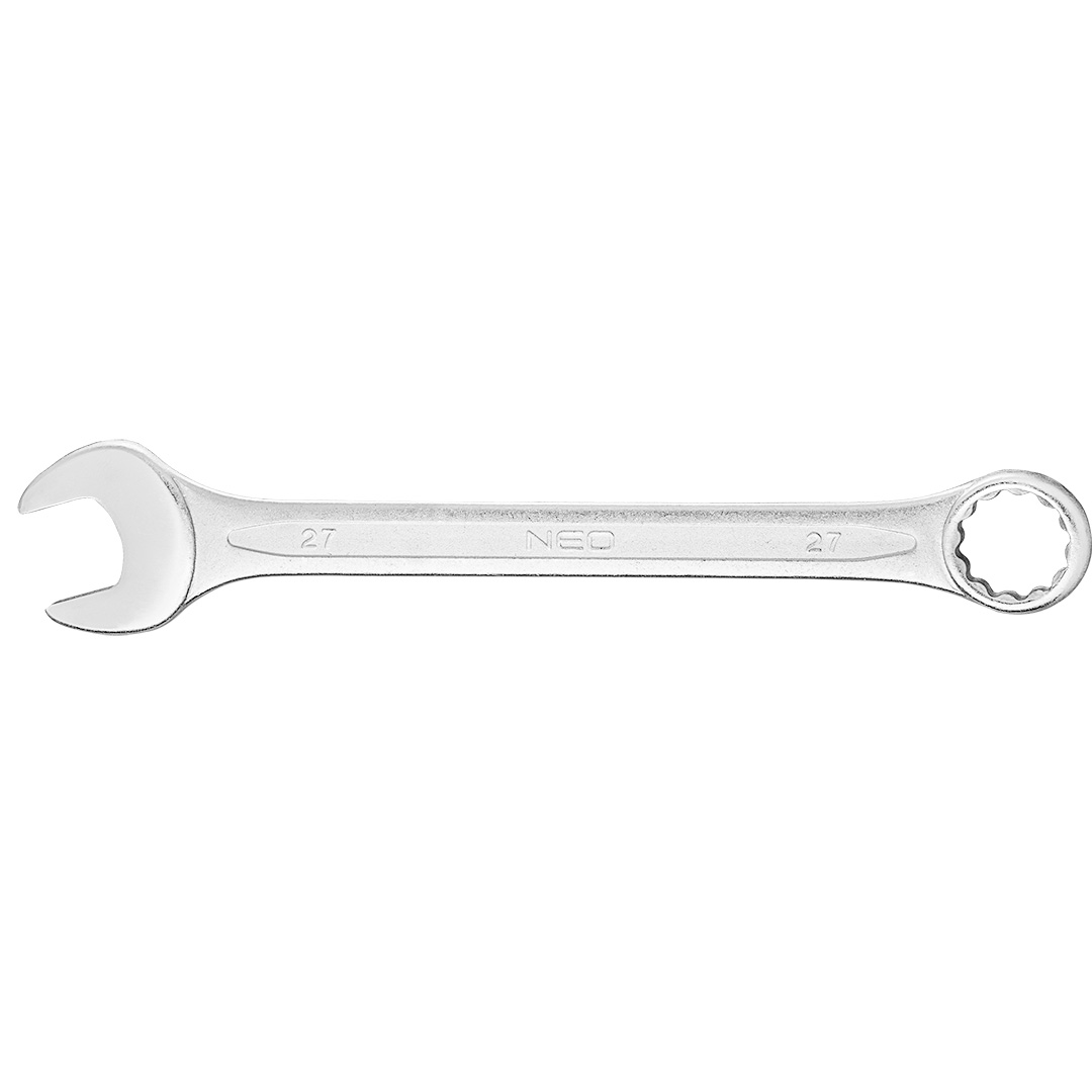TOP-09-727--Klucz płasko-oczkowy 27 x 310 mm, stal CrV, DIN3113, przetłoczenie, wykończenie satynowe, polerowana główka odgięta pod kątem 15°, certyfikat TÜV M+T, 25 lat gwarancji