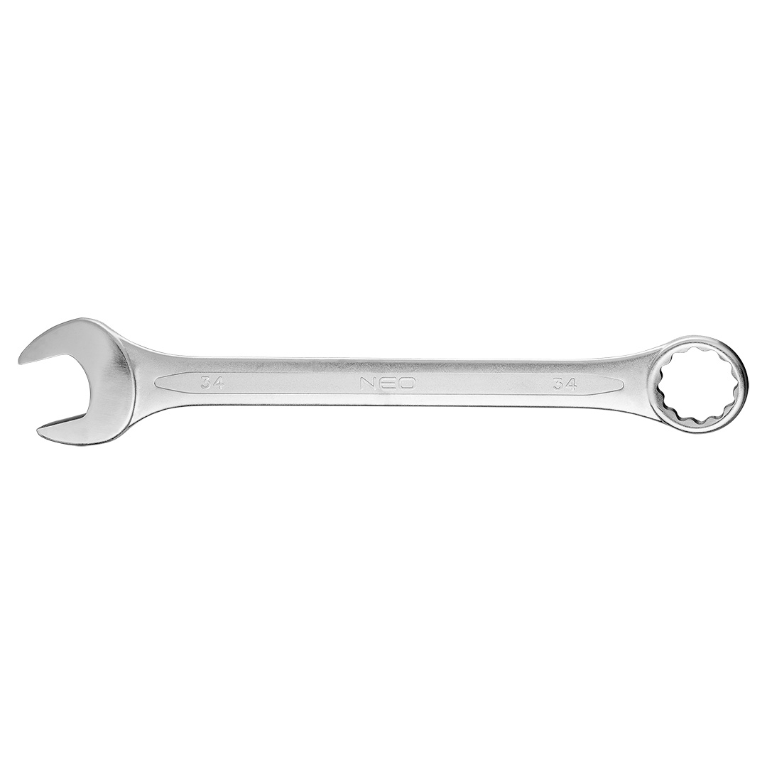 TOP-09-734--Klucz płasko-oczkowy 34 x 392 mm, stal CrV, DIN3113, przetłoczenie, wykończenie satynowe, polerowana główka odgięta pod kątem 15°, certyfikat TÜV M+T, 25 lat gwarancji