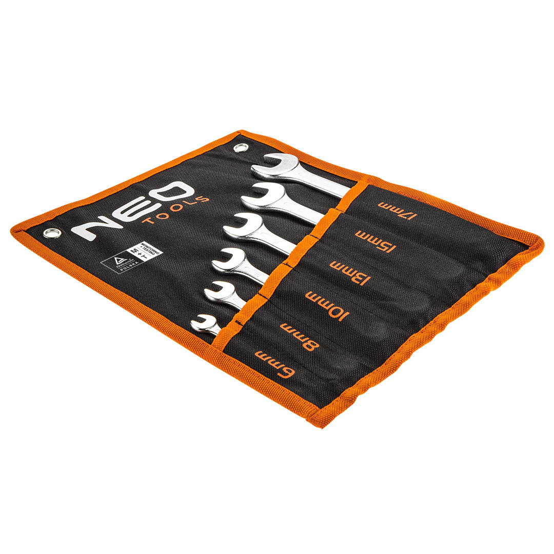 TOP-09-750--Klucze płasko-oczkowe 6-17 mm, zestaw 6 szt., stal CrV, DIN3113, przetłoczenie, wykończenie satynowe, polerowana główka odgięta pod kątem 15°, rozmiary: 6, 8, 10, 13, 15, 17 mm, tekstylne etui, certyfikat TÜV M+T, 25 lat gwarancji