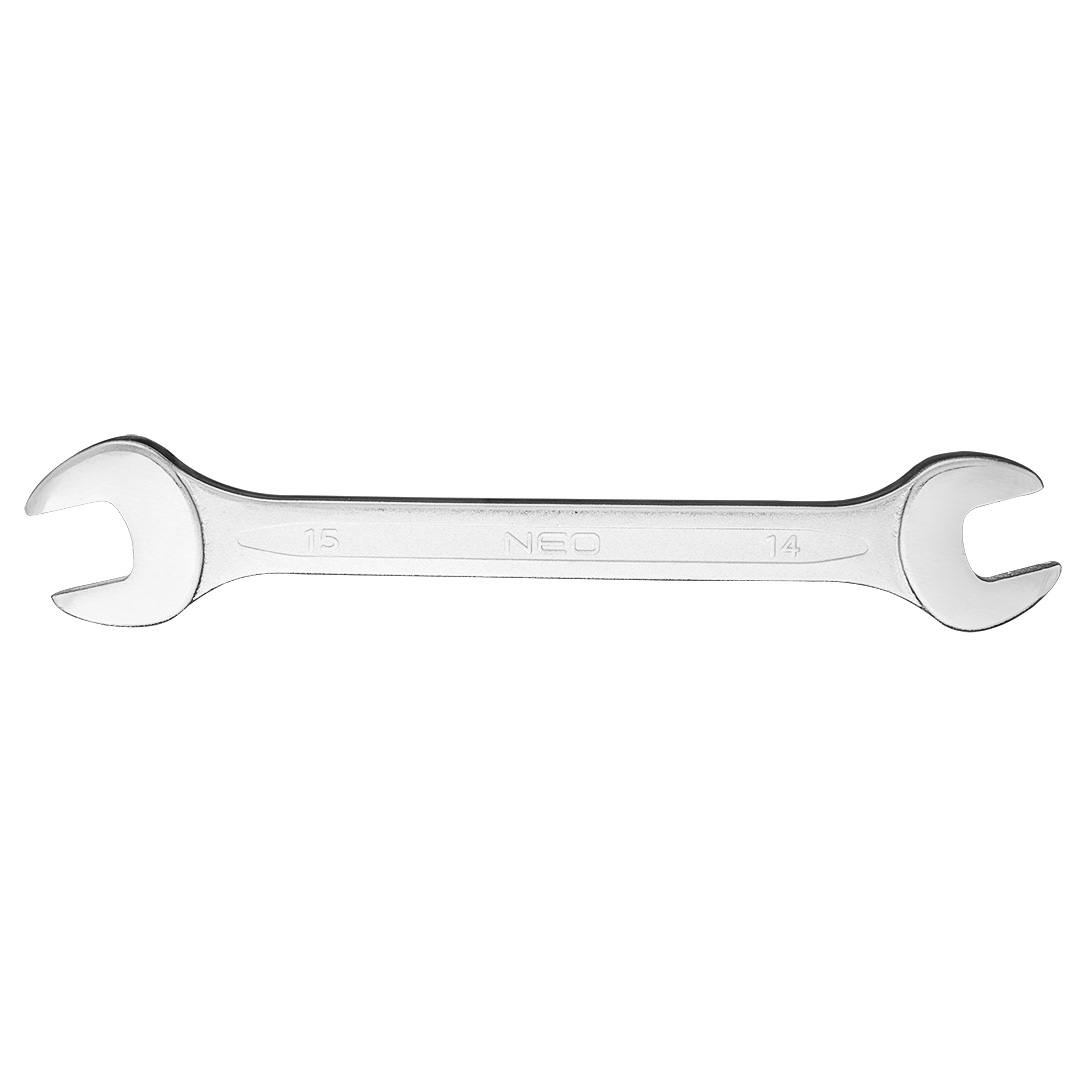 TOP-09-814--Klucz płaski dwustronny 14 x 15 mm, stal CrV, DIN3110, przetłoczenie, wykończenie satynowe, polerowana główka, certyfikat TÜV M+T, 25 lat gwarancji