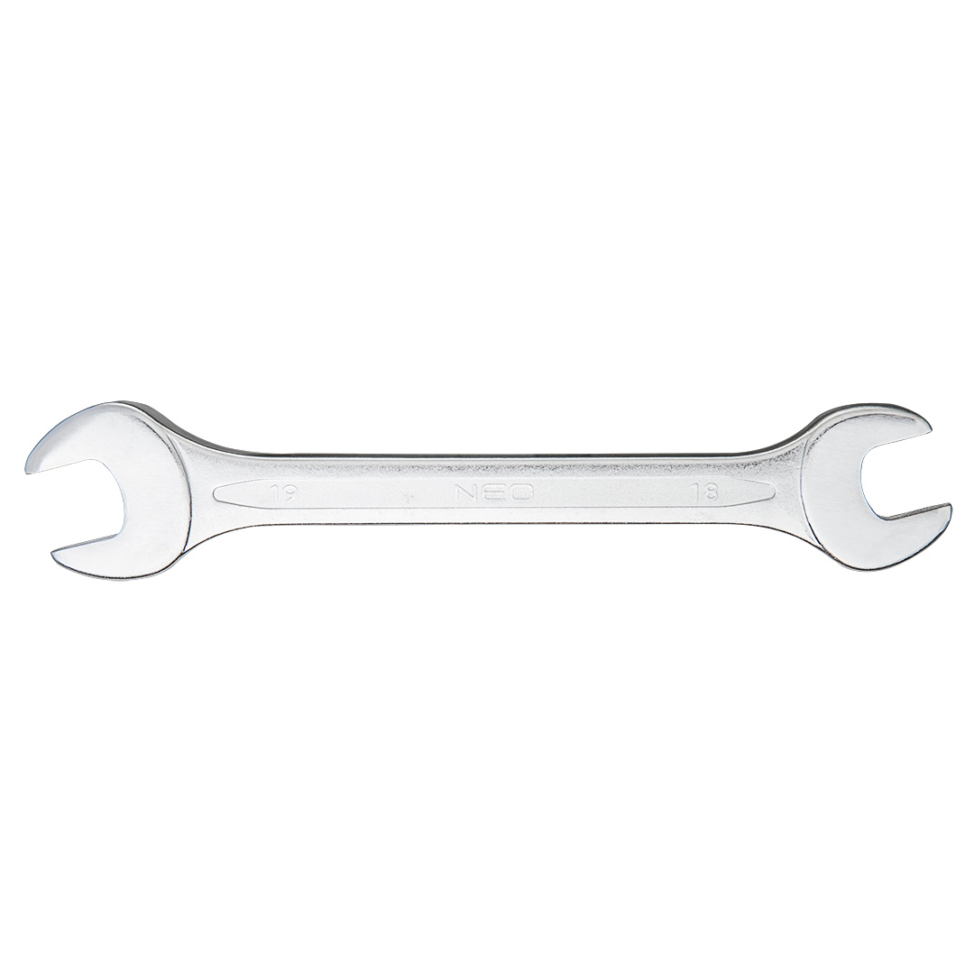 TOP-09-818--Klucz płaski dwustronny 18 x 19 mm, stal CrV, DIN3110, przetłoczenie, wykończenie satynowe, polerowana główka, certyfikat TÜV M+T, 25 lat gwarancji