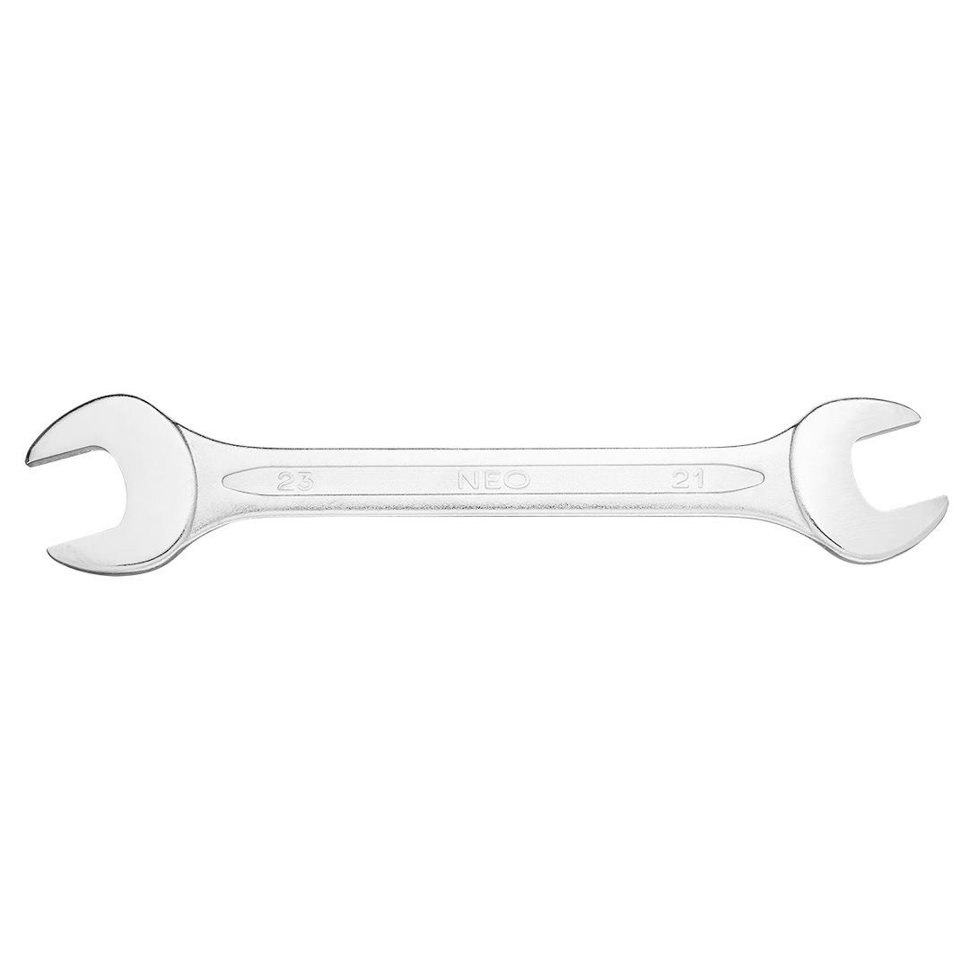 TOP-09-821--Klucz płaski dwustronny 21 x 23 mm, stal CrV, DIN3110, przetłoczenie, wykończenie satynowe, polerowana główka, certyfikat TÜV M+T, 25 lat gwarancji