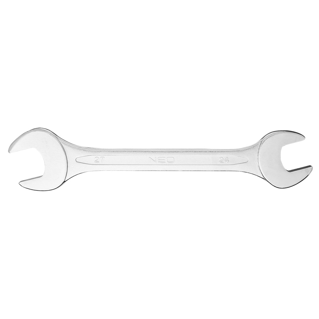 TOP-09-824--Klucz płaski dwustronny 24 x 27 mm, stal CrV, DIN3110, przetłoczenie, wykończenie satynowe, polerowana główka, certyfikat TÜV M+T, 25 lat gwarancji