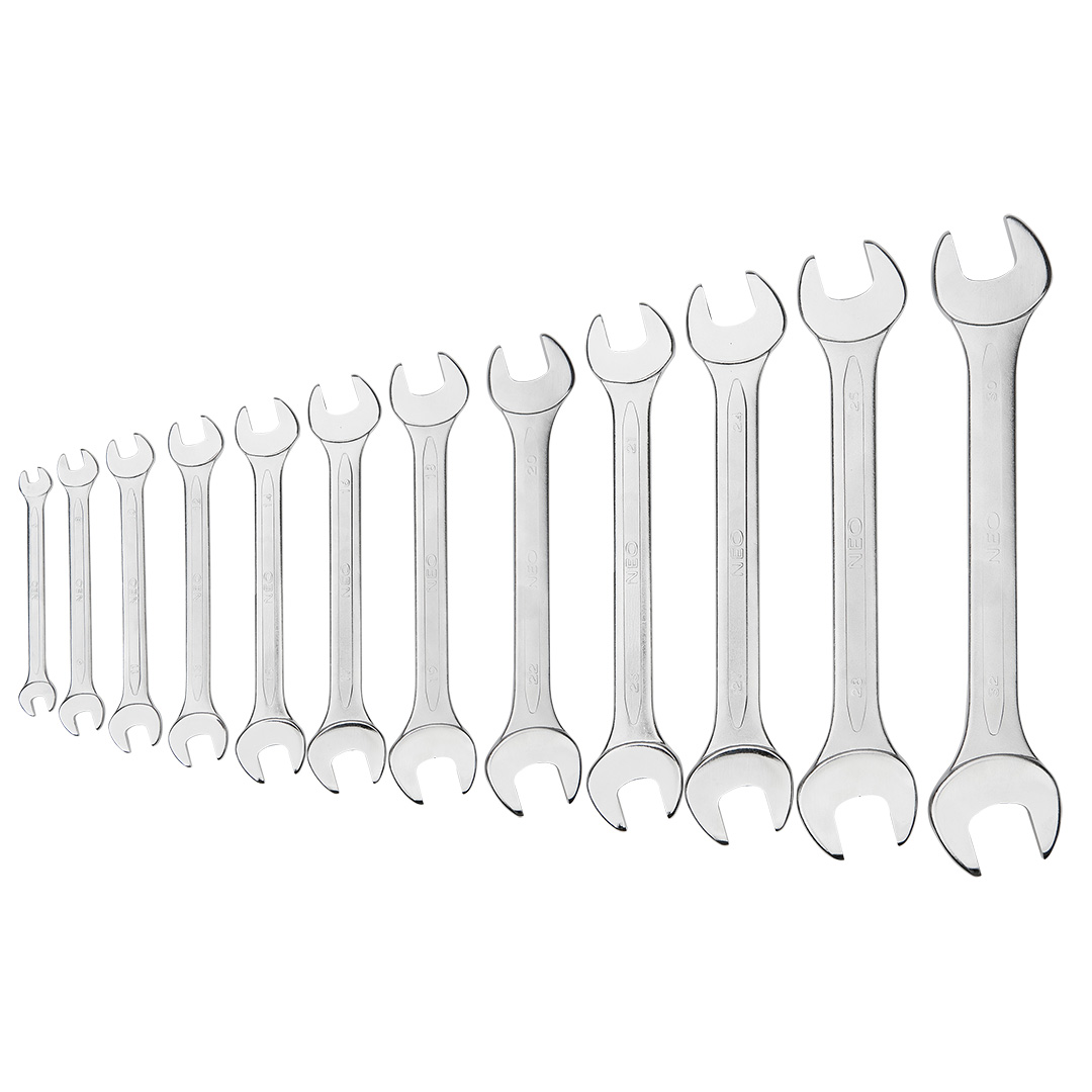 TOP-09-852--Klucze płaskie dwustronne, 6-32 mm, zestaw 12 szt., 6 x 7, 8 x 9, 10 x 11, 12 x 13, 14 x 15, 16 x 17, 18 x 19, 20 x 22, 21 x 23, 24 x 27, 25 x 28, 30 x 32 mm, stal CrV, DIN3110, certyfikat TÜV M+T, 25 lat gwarancji