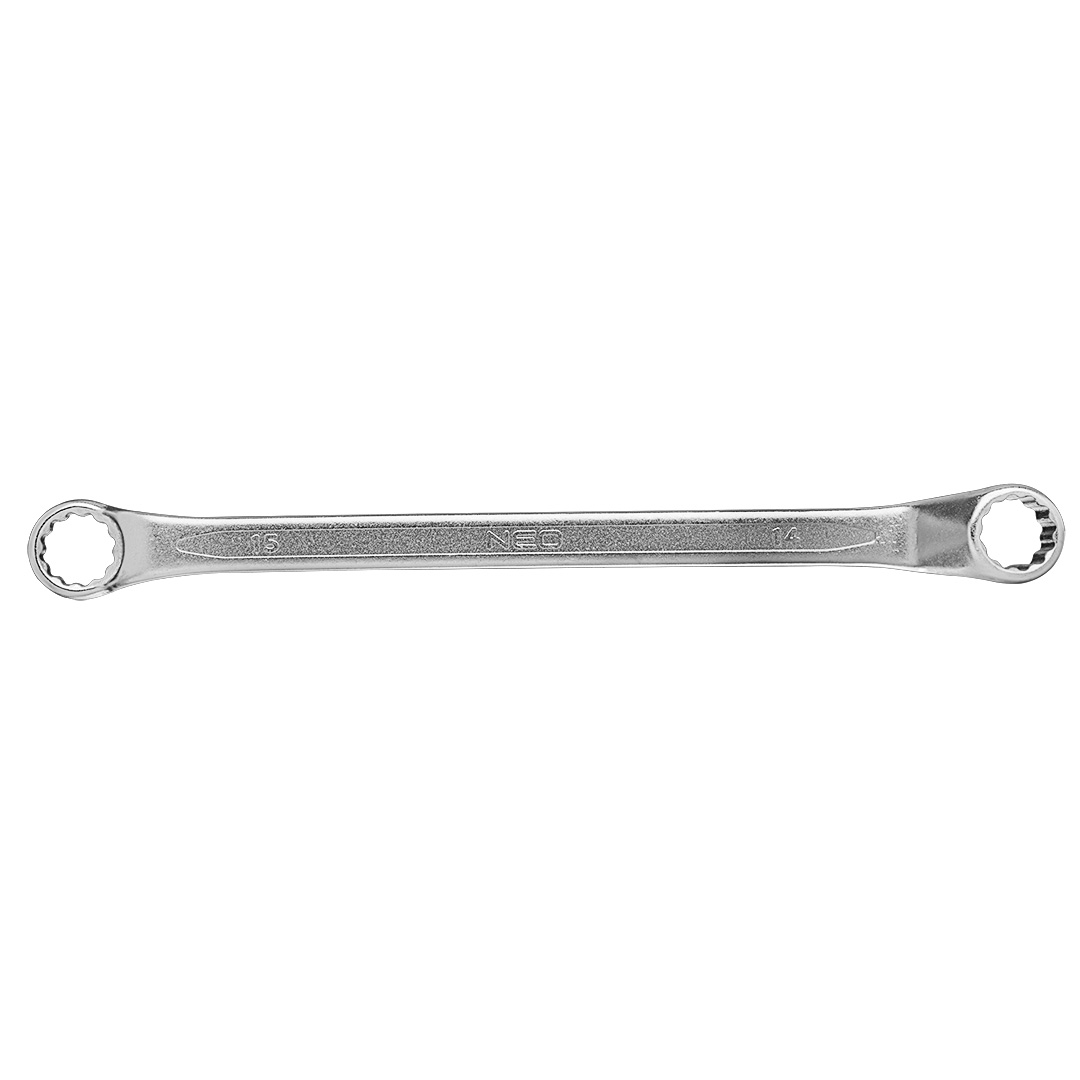 TOP-09-914--Klucz oczkowy odgięty 14 x 15 mm, stal CrV, DIN838, przetłoczenie, wykończenie satynowe, certyfikat TÜV M+T, 25 lat gwarancji