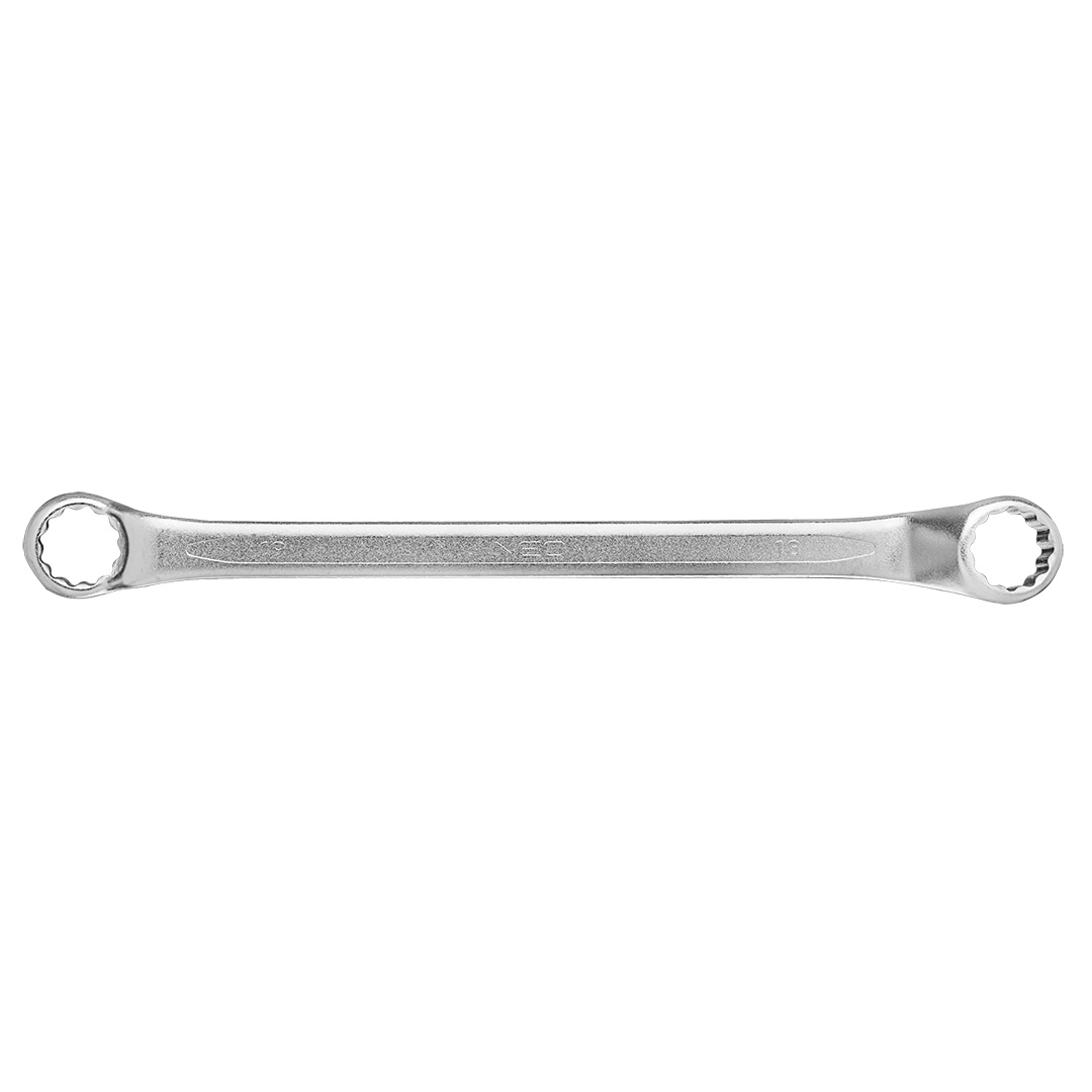 TOP-09-918--Klucz oczkowy odgięty 18 x 19 mm, stal CrV, DIN838, przetłoczenie, wykończenie satynowe, certyfikat TÜV M+T, 25 lat gwarancji