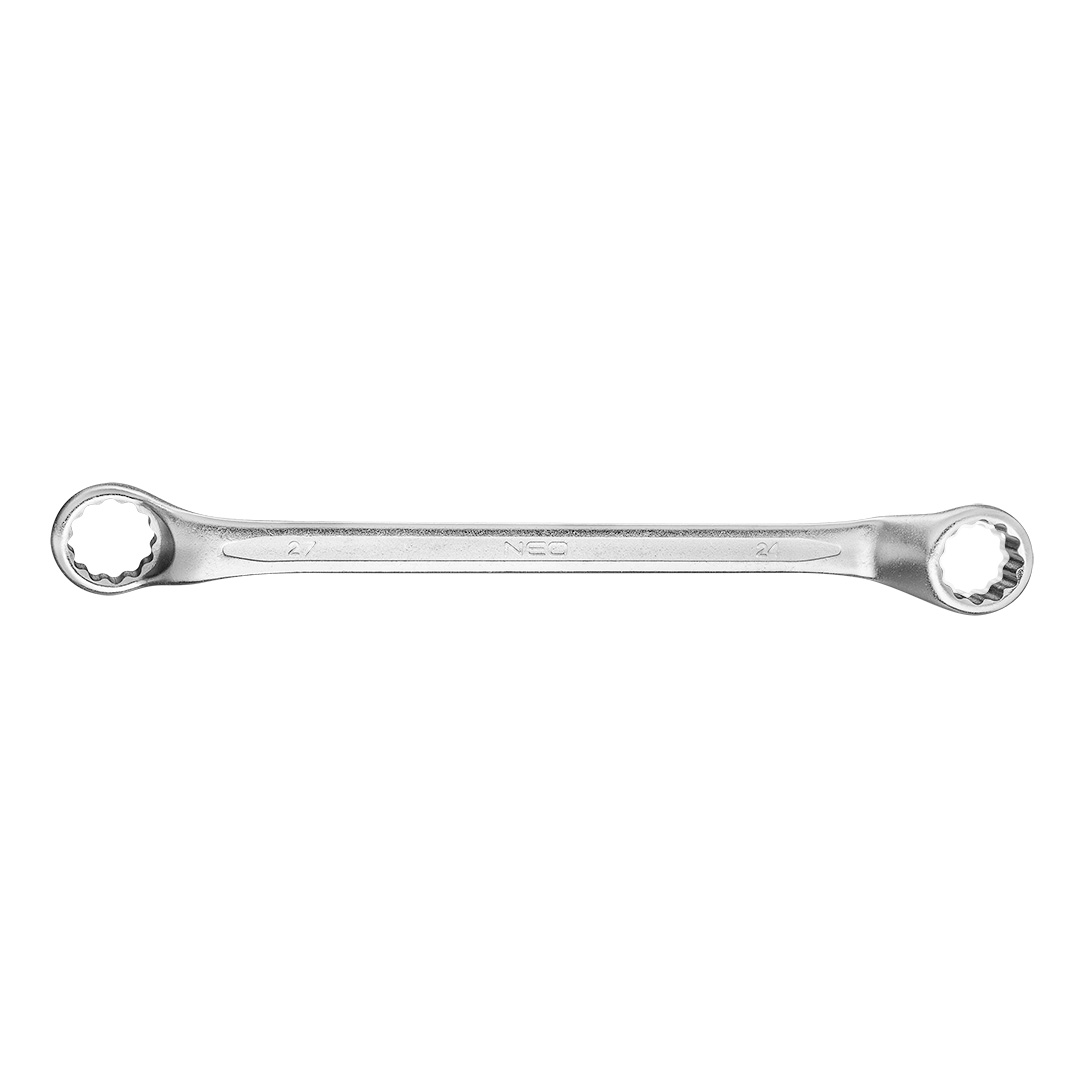 TOP-09-924--Klucz oczkowy odgięty 24 x 27 mm, stal CrV, DIN838, przetłoczenie, wykończenie satynowe, certyfikat TÜV M+T, 25 lat gwarancji