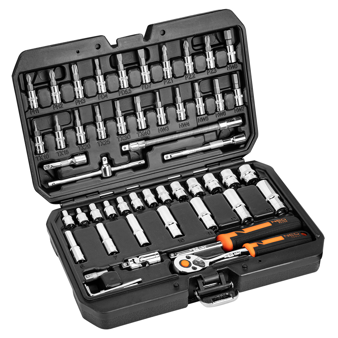 TOP-10-006--Klucze nasadowe 53 szt., 1/4"; stal CrV; nasadki sześciokątne 1/4" 13 szt.: 4, 4.5, 5, 5.5, 6, 7, 8, 9, 10, 11, 12, 13, 14 mm; nasadki sześciokątne 1/4" długie, 7 szt.: 6, 7, 8, 10, 11, 12, 13 mm; przedłużki 1/4 2 szt.:  50 mm, 100 mm;