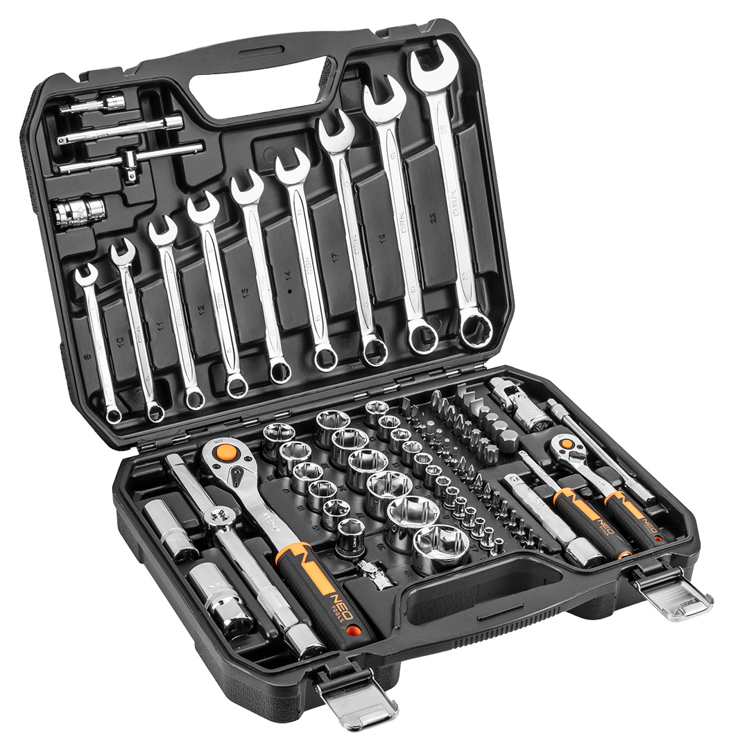 TOP-10-059--Klucze nasadowe 82 szt., 1/4", 1/2", stal CrV, nasadki sześciokątne 1/2" 12 szt.: 14, 15, 16, 17, 18, 19, 20, 22, 24, 27, 30, 32 mm; grzechotka 1/2", 90 zęby; 1 szt. przegub uniwersalny 1/2"; przedłużka 1/2" 125 mm; pokr