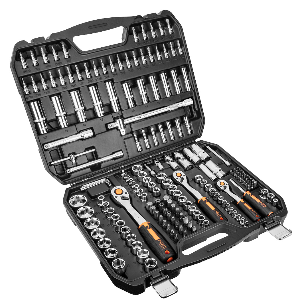 TOP-10-074--Klucze nasadowe 182 szt., 1/4", 3/8, 1/2"; stal CrV; nasadki sześciokątne 1/2" 17 szt.: 10, 11, 12, 13, 14, 15, 16, 17, 18, 19, 20, 21, 22, 24, 27, 30, 32 mm; nasadki długie sześciokątne 1/2 5 szt.: 16, 17, 18, 19, 22 mm; nasadki do św