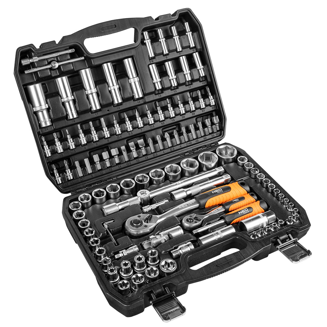 TOP-10-212--Zestaw kluczy 108 elementów 1/2", 1/4" stal CrV, nasadki sześciokątne 1/2" 17 szt.: 10, 11, 12, 13, 14, 15, 16, 17, 18, 19, 20, 21, 22, 24, 27, 30, 32 mm, nasadki długie sześciokątne 1/2" 5 szt.: 14, 15, 17, 19, 22 mm, grzechotka 