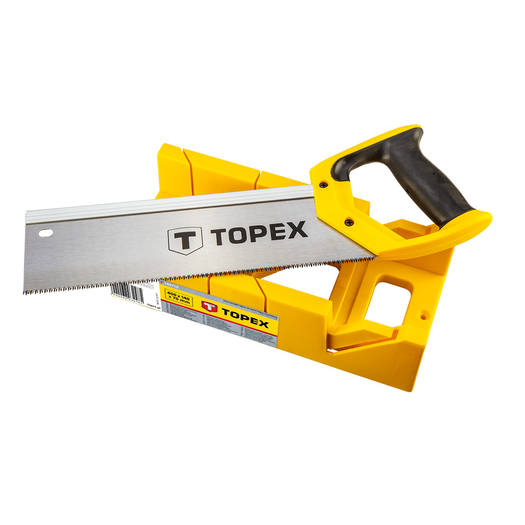 TOP-10A710--Piła grzbietnica 300 mm, 9 TPI, hartowane zęby, dwumateriałowy uchwyt; skrzynka uciosowa 400 x 140 x 70 mm, tworzywo sztuczne, kąty cięcia 45°, 90°.