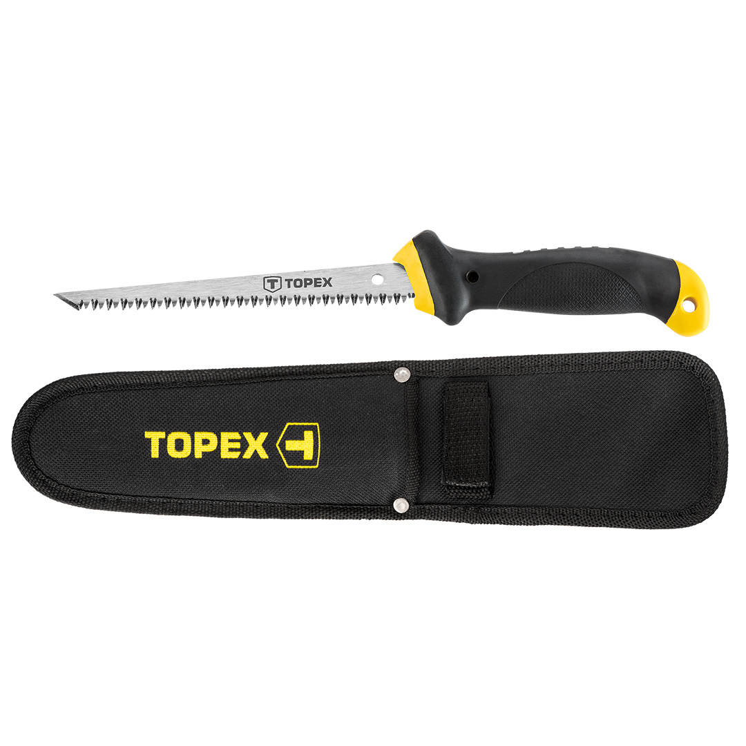 TOP-10A717P--Piła do płyt gipsowo-kartonowych 150 mm, hartowane ostrza, dwustronnie ostrzone zęby, dwumateriałowy uchwyt, materiałowy pokrowiec.