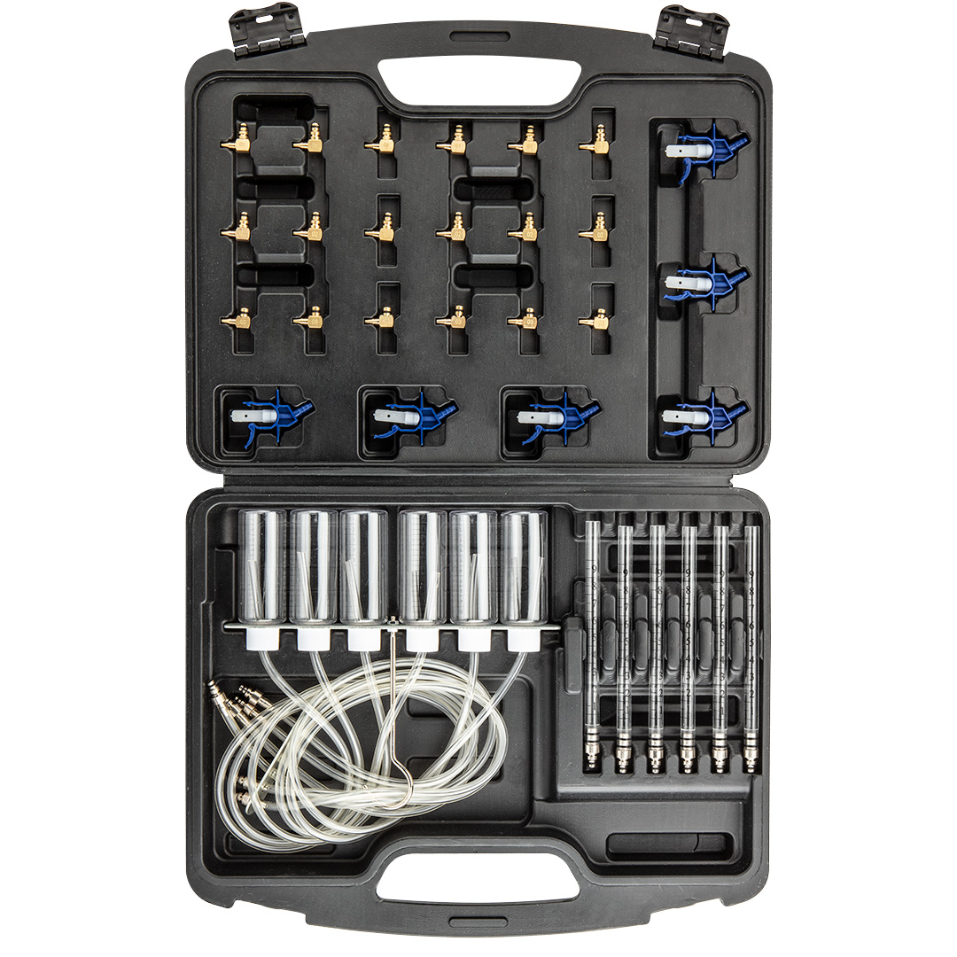 TOP-11-263--Zestaw do diagnostyki systemów Common Rail:6 szt menzurek z wężykami6 szt rurek ciśnieniowych6 złączek do systemów  Delphi6 złączek do systemów  Denso6 złączek do systemów  Siemens6 złączek do systemów -  Bosch