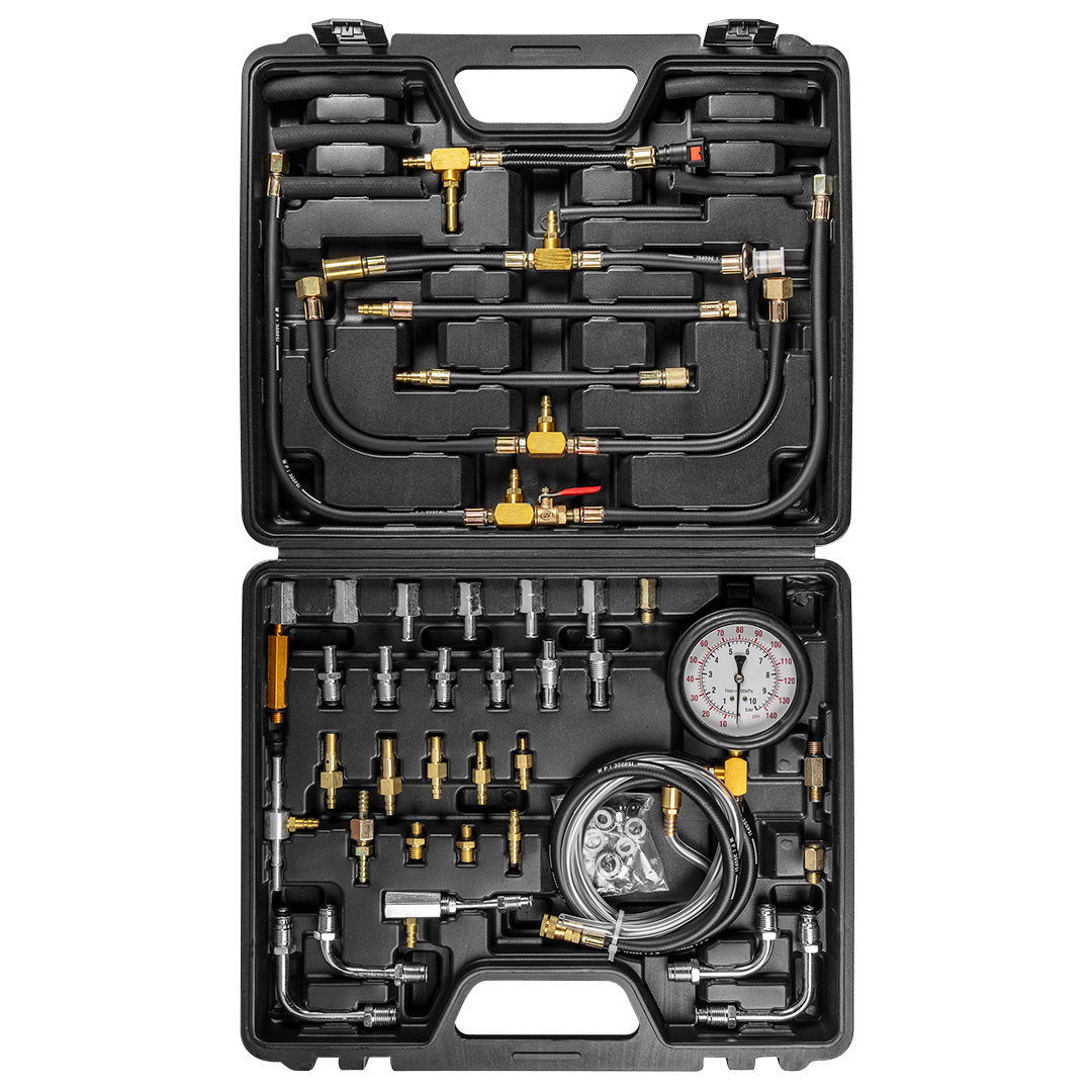 TOP-11-264--Zestaw do testowania systemów wtryskowych w silnikach benzynowych, zakres do 140 PSI / 10 bar. Do ukladów: układ K - i KE - Jetronic sis, układ KE - Jetronic kic, układ L - Jetronic liw, pomiar ciśnienia w pompach, pomiar powrotu ciśnienia.