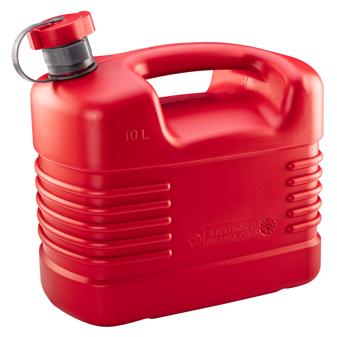 TOP-11-560--Kanister na benzynę, pojemność 10l, materiał HDPE (kanister) + PP (adapter i zakrętka) + LDPE (wylewka i taśma mocująca zakrętkę)
