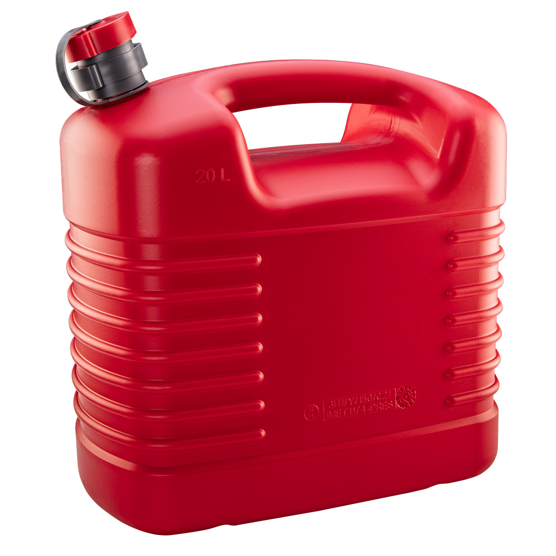 TOP-11-561--Kanister na benzynę, pojemność 20l, materiał HDPE (kanister) + PP (adapter i zakrętka) + LDPE (wylewka i taśma mocująca zakrętkę)
