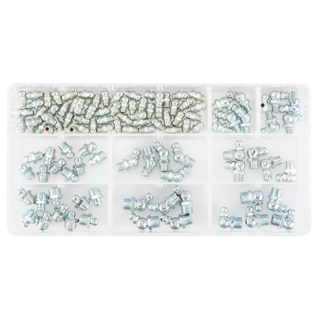 TOP-11-973--Smarowniczki: 60 x (M6x1), 5 x (M6x1x45°), 5 x (M6x1x90°), 10 x (M8x1), 5 x (M8x1x45°), 5 x (M8x1x90°), 10 x (M10x1), 5 x (M10x1x45°), 5 x (M10x1x90°)