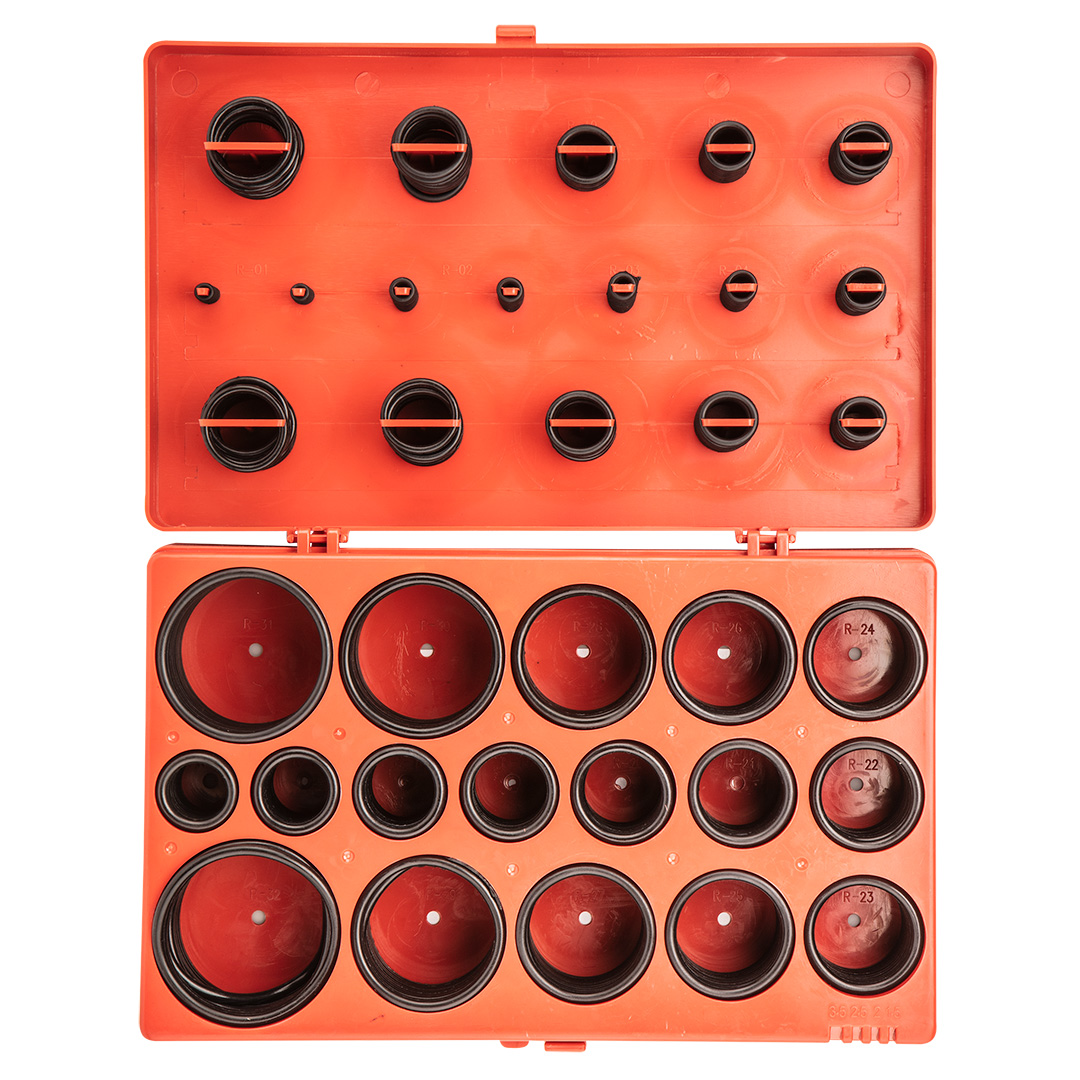 TOP-11-983--Oringi gumowe:20 x (3x6x1.5 mm), 20 x (4.4x8.4x2 mm), 18 x (5x9x2 mm), 23 x (7x10x1.5 mm), 23 x (10x13x1.5 mm), 23 x (13x16x1.5 mm), 14 x (10x15x2.5 mm), 13 x (11x16x2.5 mm), 14 x (13x18x2.5 mm), 13 x (14x19x2.5 mm), 14 x (16x21x2.5 mm), 14 x (18x23x