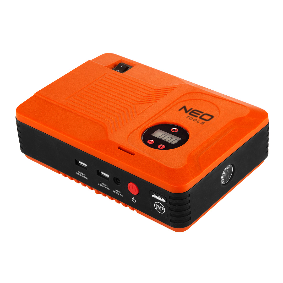 TOP-11-997--Urządzenie rozruchowe "Jumpstarter", wspomaganie rozruchu do 400A, power bank 14Ah - dwa gniazda USB typ A (1A i 2A) , kompresor 100W - do 3.5BAR - odczyt i regulacja ciśnienia, latarka LED