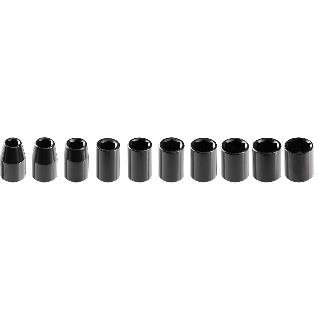TOP-12-101--Nasadki udarowe sześciokątne, krótkie, 1/2", zestaw 10 szt., 10, 12, 13, 14, 16, 17, 19, 21, 22, 24 mm, stal CrV, metalowa kaseta do przechowywania