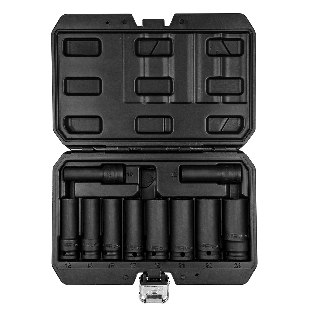 TOP-12-107--Nasadki udarowe sześciokątne, długie, 1/2", zestaw 10 szt., 10, 12, 13, 14, 16, 17, 19, 21, 22, 24 mm, stal CrMo, plastikowa kaseta do przechowywania