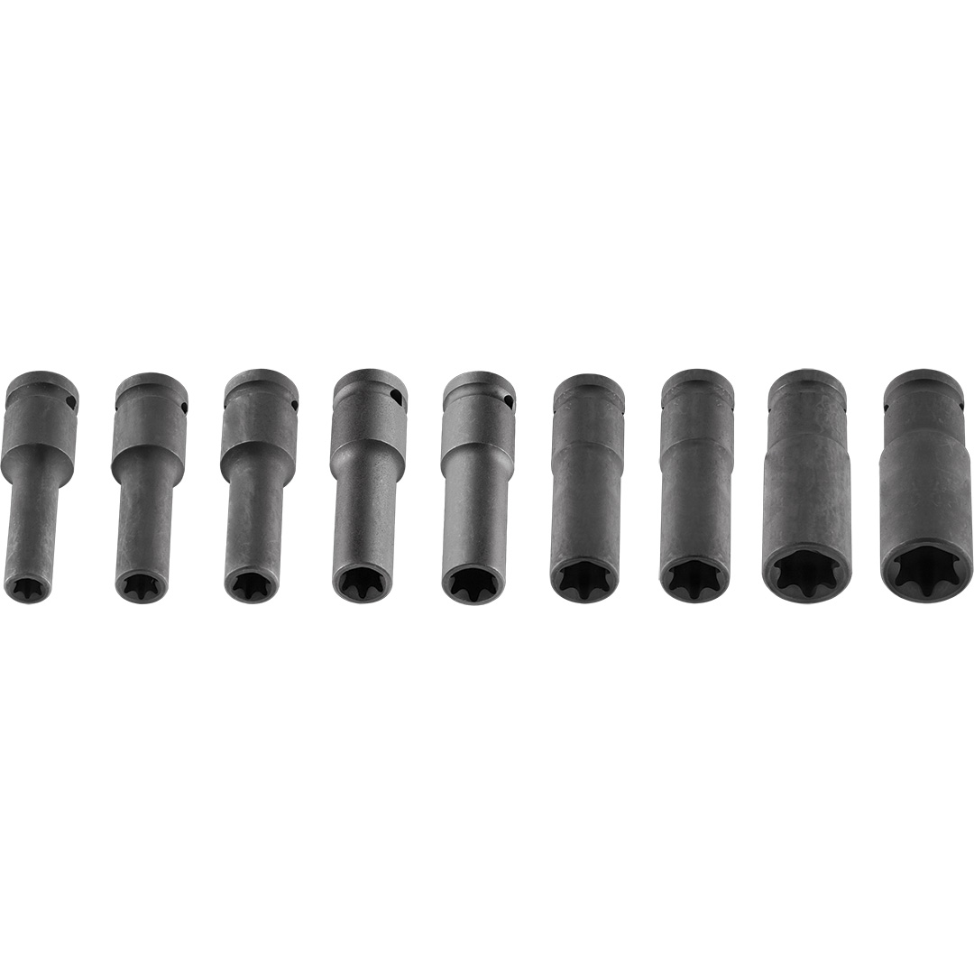 TOP-12-110--Nasadki udarowe Torx, długie, 1/2", zestaw 9 szt., E10, E11, E12, E14, E16, E18, E20, E22, E24 mm, stal CrMo, plastikowa kaseta do przechowywania