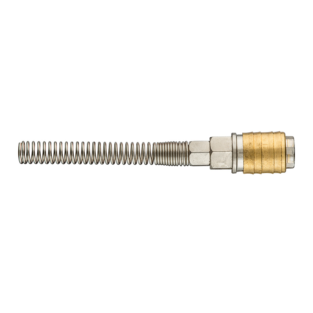 TOP-12-601--Szybkozłączka do kompresora z wyjściem na wąż 6 x 8 mm, stal nierdzewna, mosiądz, sprężynka, maksymalne ciśnienie 16 barów, CE