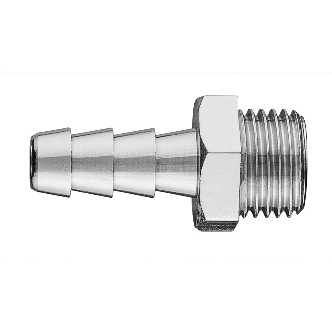 TOP-12-615--Złącze do węża 8 mm z gwintem zewnętrznym 1/4", mosiężne, niklowane, maksymalne ciśnienie 16 barów, CE